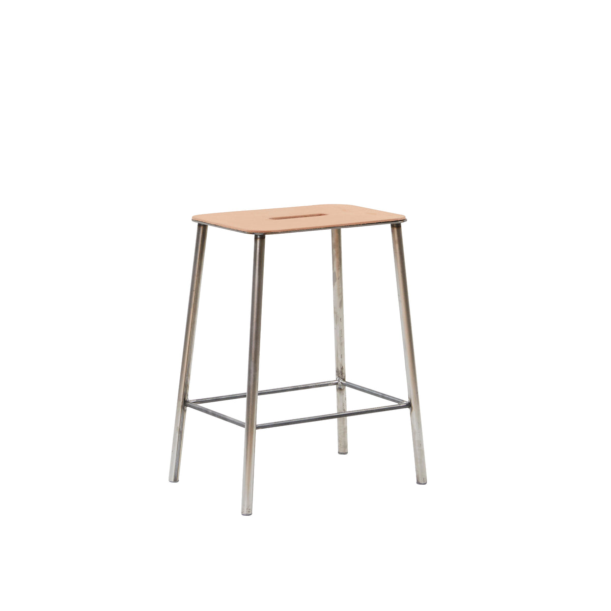 Adam Stool H50, Raw Steel & Natural Leather