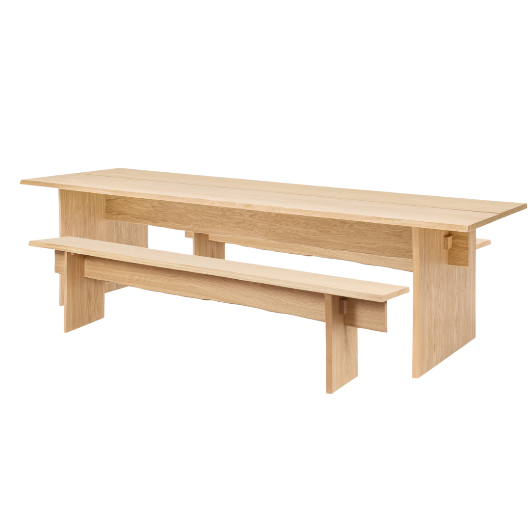 bookmatch table 108.3" + bookmatch benches in oak