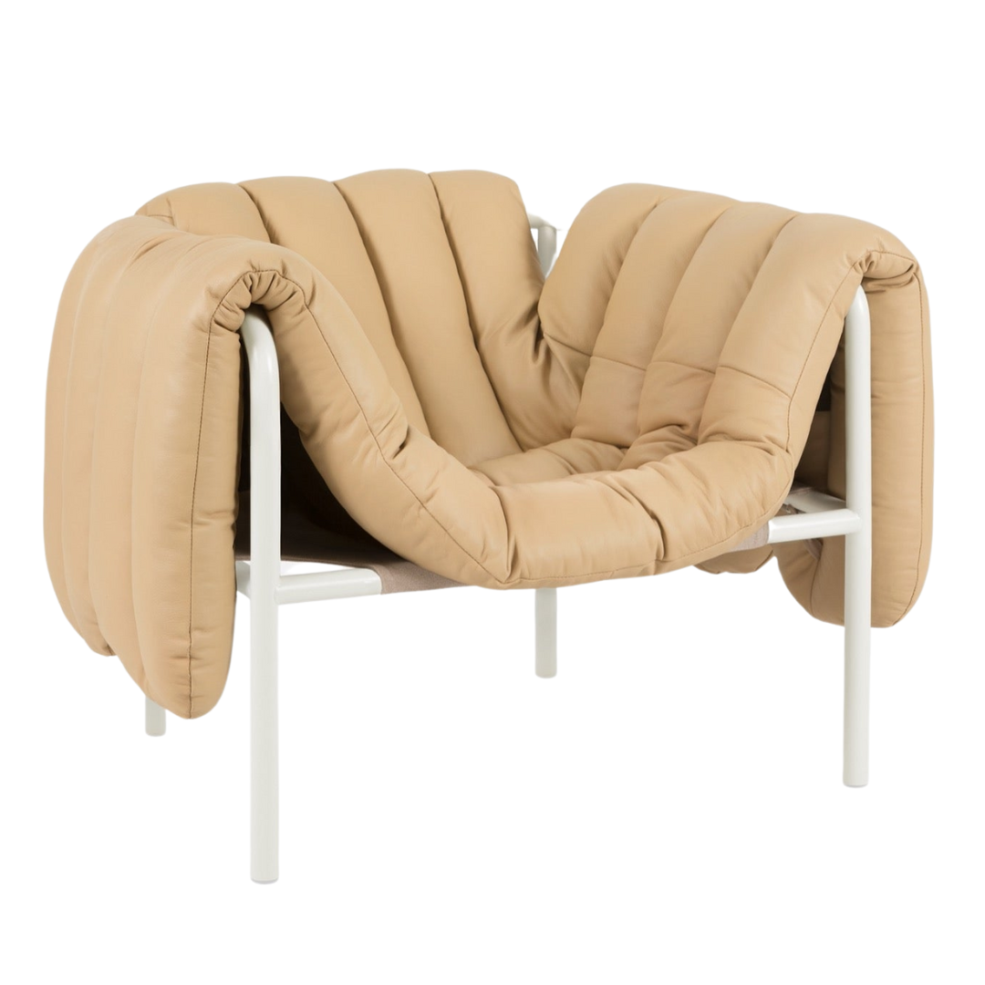 puffy lounge chair in cream powder coated steel